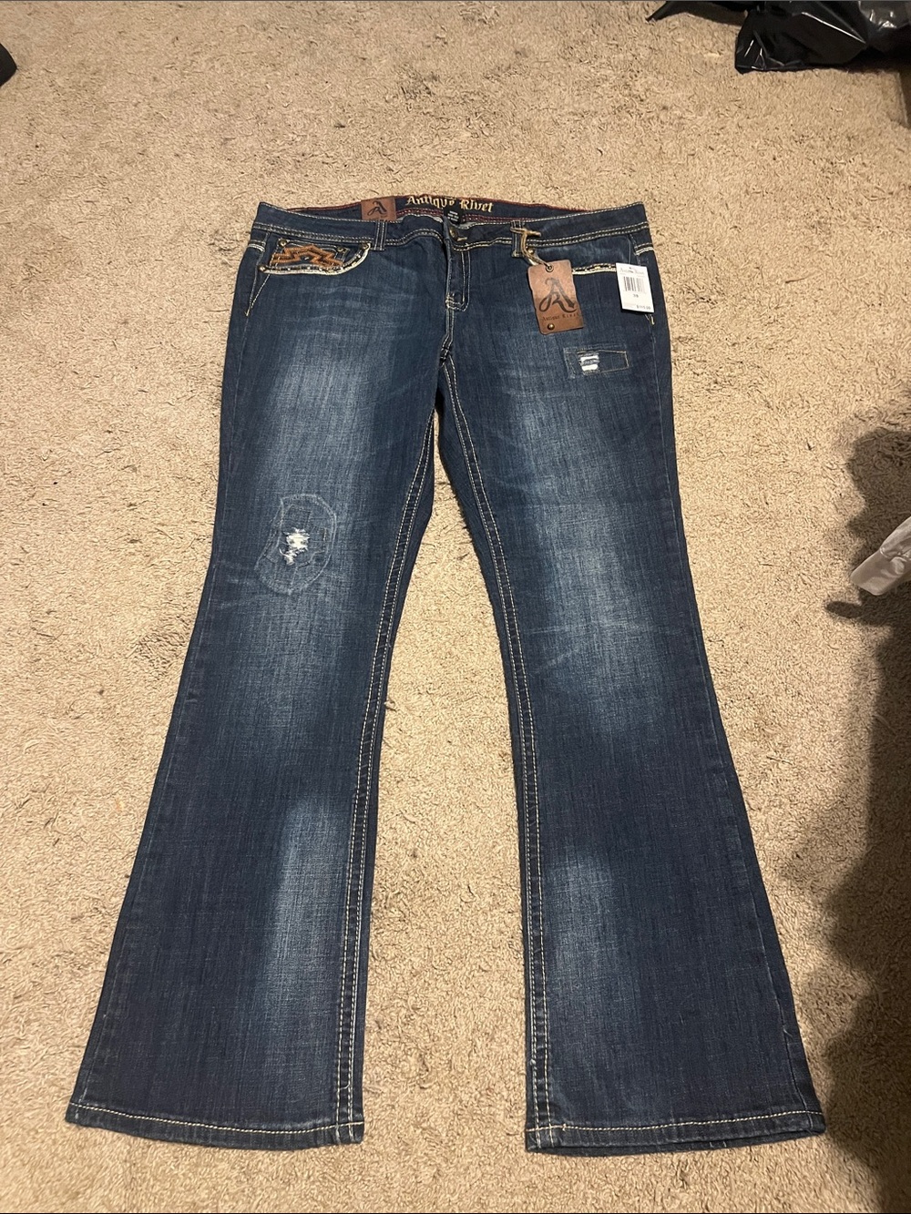 Antique Rivet Women's Dark Blue Distressed Flare Jeans